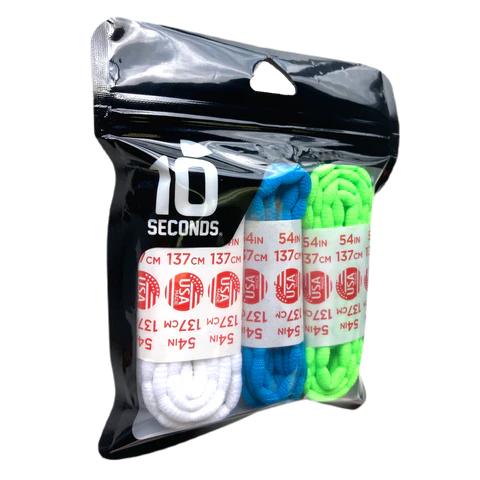 10 Seconds Athletic Bubble Laces | White/Neon Blue/Neon Green Multi-Pack
