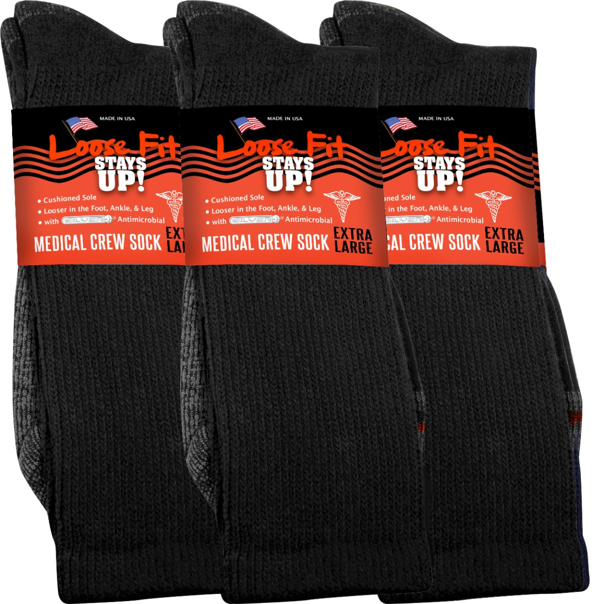 Loose Fit Stays Up! Black Medical Crew Socks to EEEEE - 3pack
