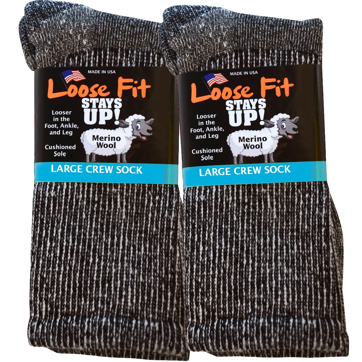 Loose Fit Marled Merino Wool Crew Socks to 5E - Black - 2pk