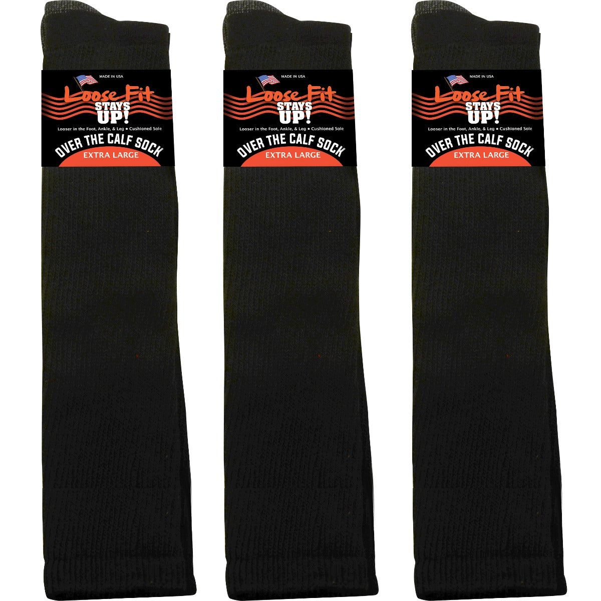 Loose Fit Black Over the Calf Socks to EEEEE - 3pack
