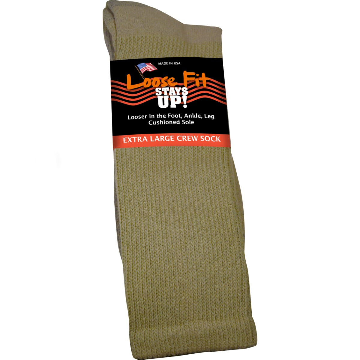Loose Fit Stays Up! Tan Crew Socks to EEEEE - Single Pair
