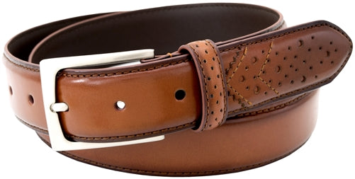 Florsheim 2093 - 32mm Full-Grain Leather Wing Tip Perforated Tail Dress Belt - Saddle Tan