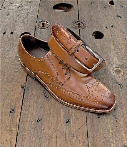 Florsheim 2093 - 32mm Full-Grain Leather Wing Tip Perforated Tail Dress Belt - Saddle Tan