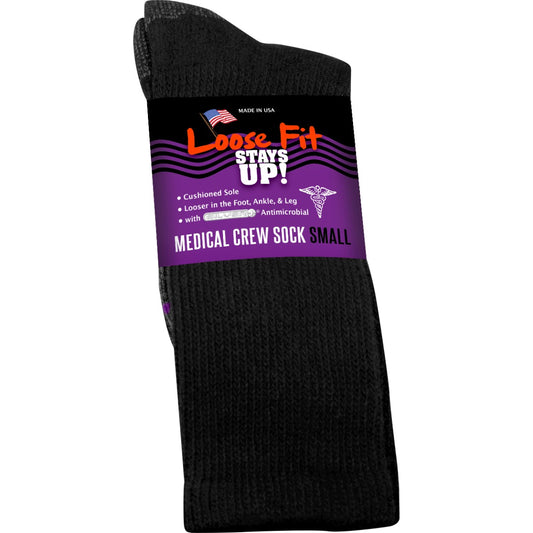 Loose Fit Stays Up! Black Medical Crew Socks to EEEEE - Single Pair