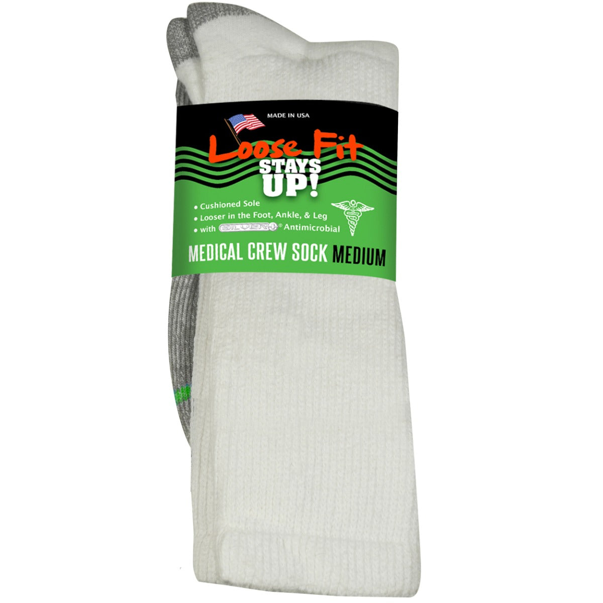 Loose Fit Stays Up! White Medical Crew Socks to EEEEE - Single Pair