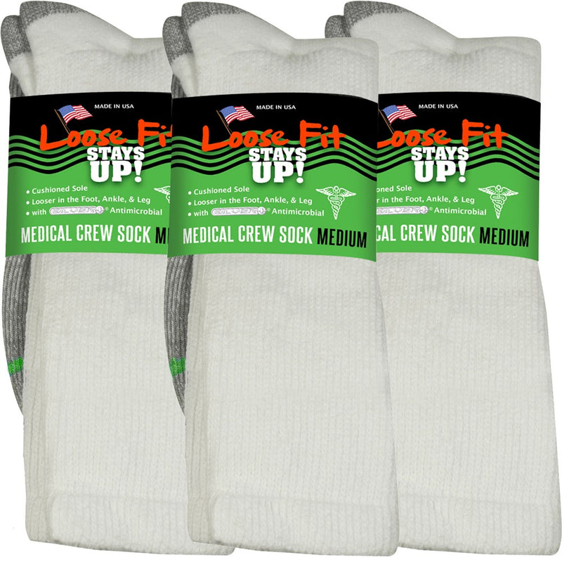 Loose Fit Stays Up! White Medical Crew Socks to EEEEE - 3pack