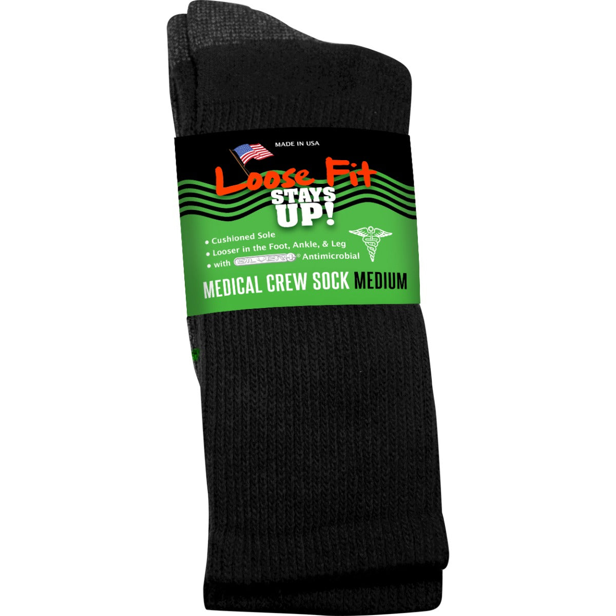 Loose Fit Stays Up! Black Medical Crew Socks to EEEEE - Single Pair