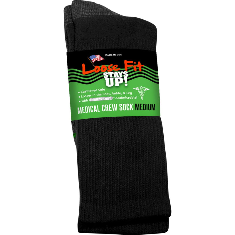 Loose Fit Stays Up! Black Medical Crew Socks to EEEEE - Single Pair