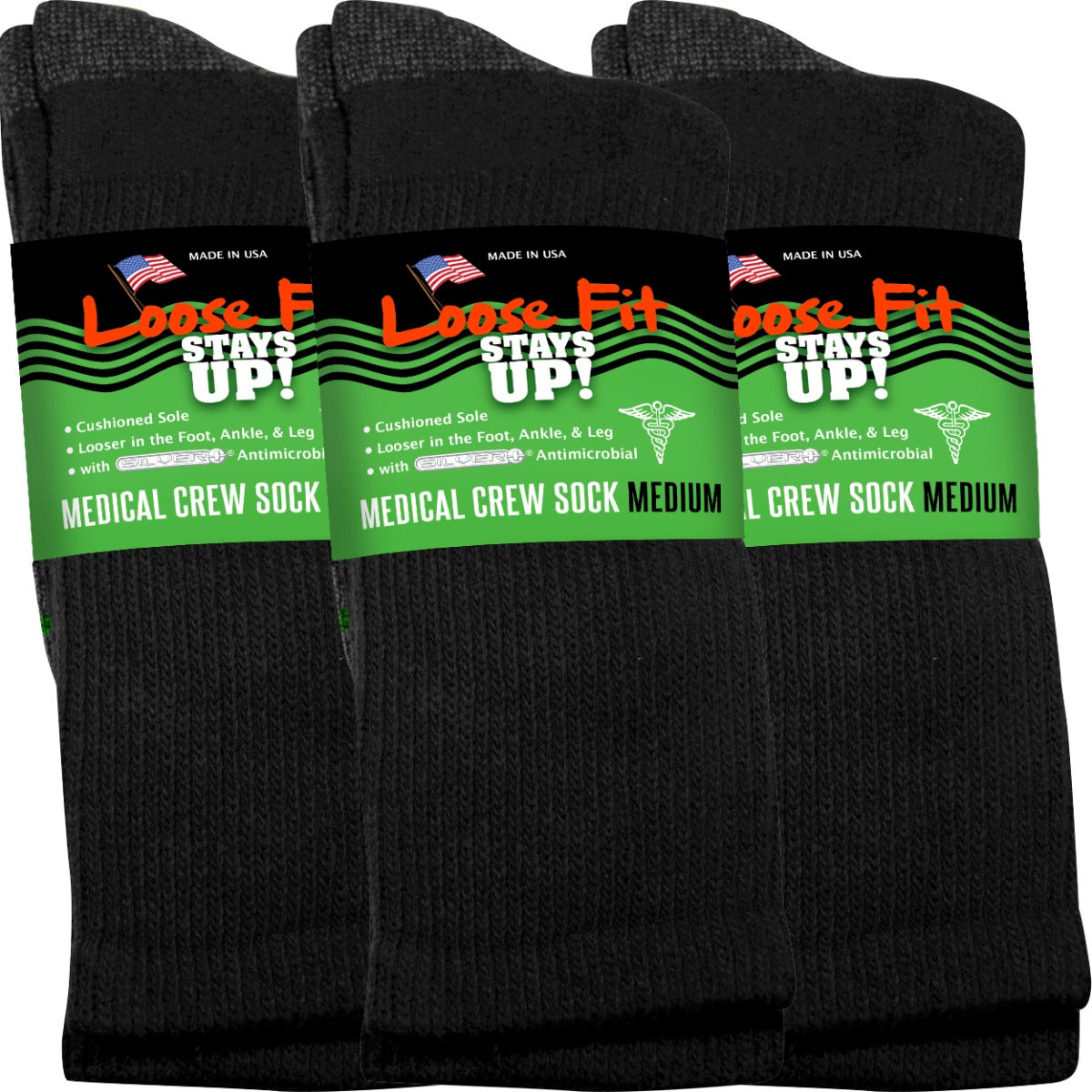 Loose Fit Stays Up! Black Medical Crew Socks to EEEEE - 3pack