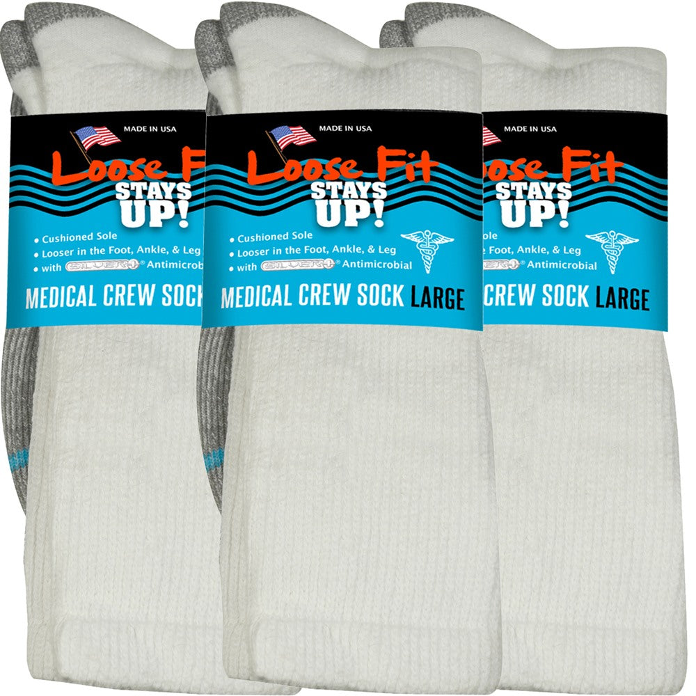 Loose Fit Stays Up! White Medical Crew Socks to EEEEE - 3pack