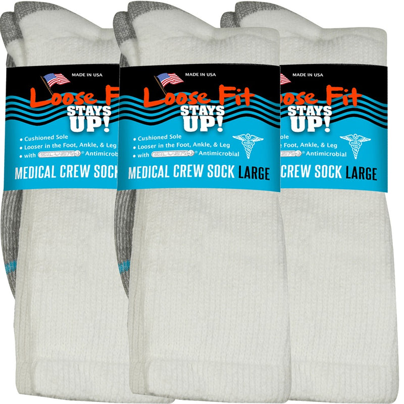 Loose Fit Stays Up! White Medical Crew Socks to EEEEE - 3pack