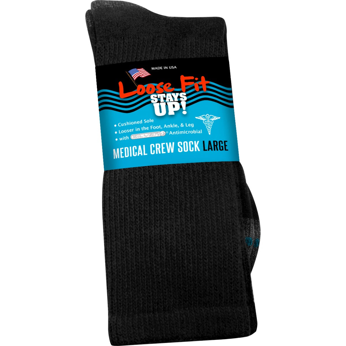 Loose Fit Stays Up! Black Medical Crew Socks to EEEEE - Single Pair