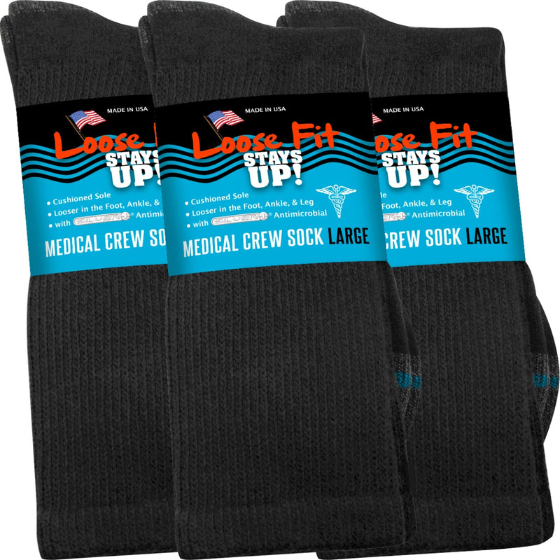 Loose Fit Stays Up! Black Medical Crew Socks to EEEEE - 3pack