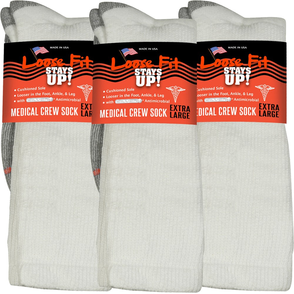 Loose Fit Stays Up! White Medical Crew Socks to EEEEE - 3pack