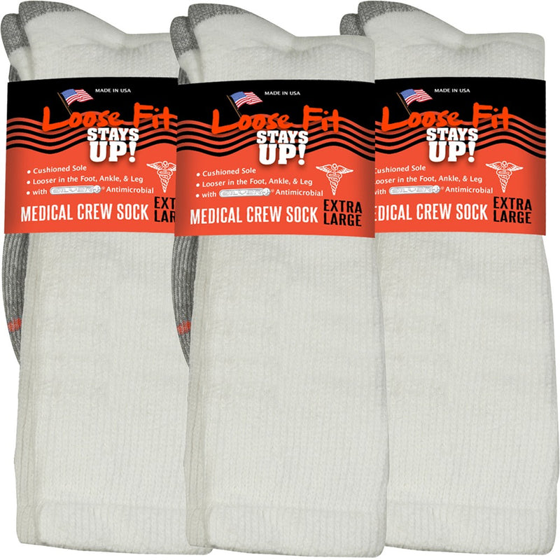 Loose Fit Stays Up! White Medical Crew Socks to EEEEE - 3pack
