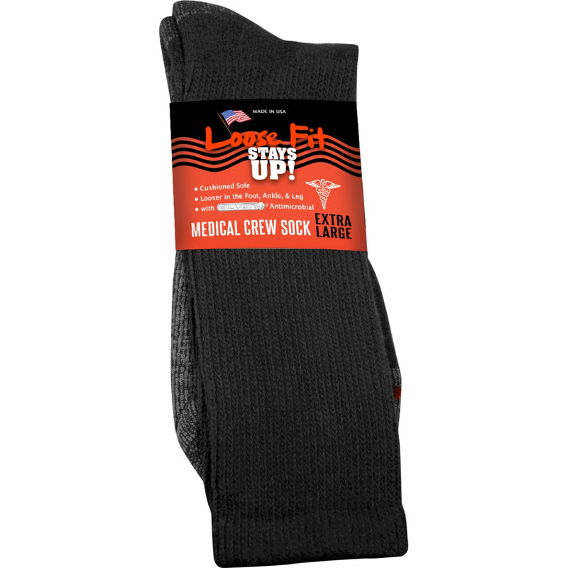 Loose Fit Stays Up! Black Medical Crew Socks to EEEEE - Single Pair