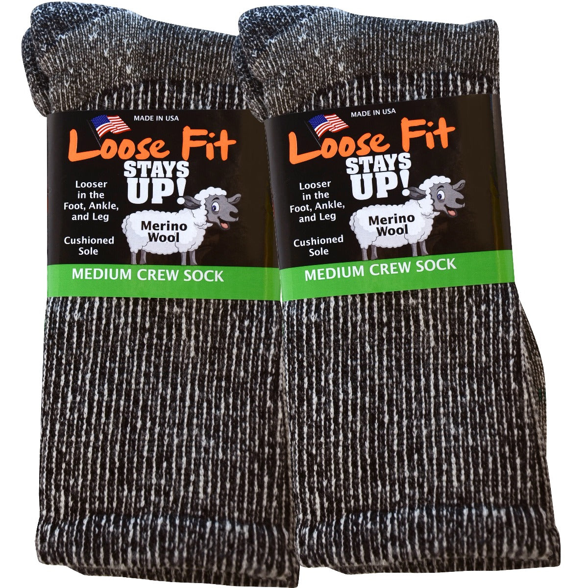 Loose Fit Marled Merino Wool Crew Socks to 5E - Black - 2pk