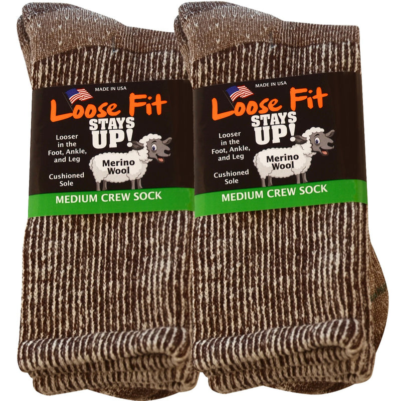 Loose Fit Marled Merino Wool Crew Socks to 5E - Brown - 2pk