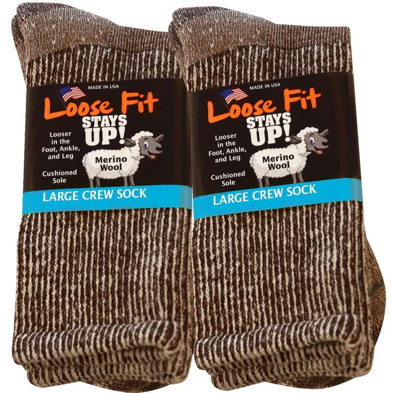 Loose Fit Marled Merino Wool Crew Socks to 5E - Brown - 2pk