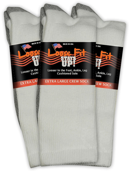 Loose Fit Stays Up! White Crew Socks to EEEEE - 3pack