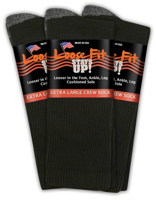 Loose Fit Stays Up! Black Crew Socks to 5E - 3pack