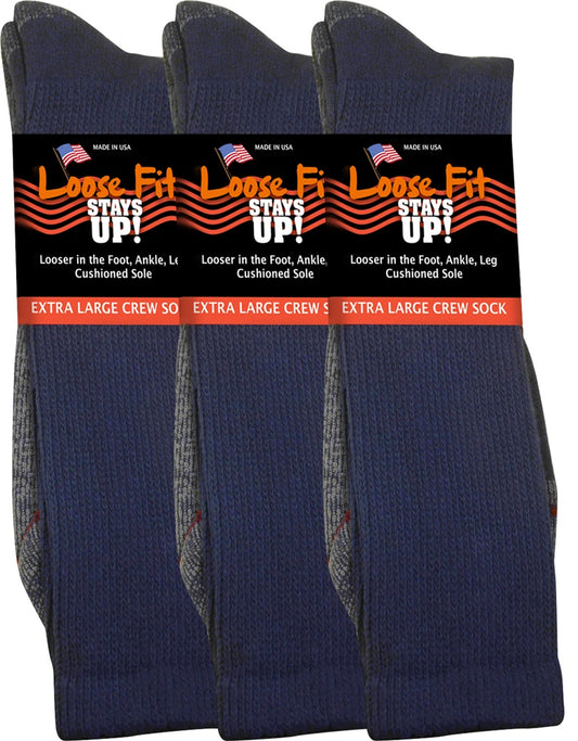 Loose Fit Stays Up! Navy Crew Socks to EEEEE - 3pack