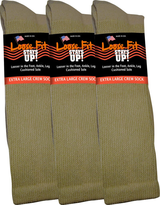Loose Fit Stays Up! Tan Crew Socks to EEEEE - 3pack