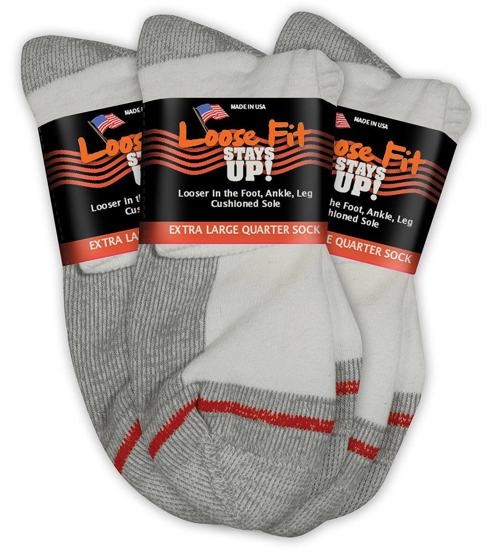 Loose Fit Stays Up! White Quarter Socks to EEEEE - 3pack