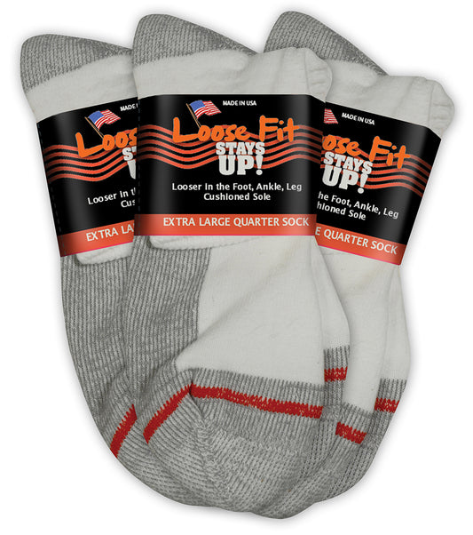 Loose Fit Stays Up! White Quarter Socks to EEEEE - 3pack