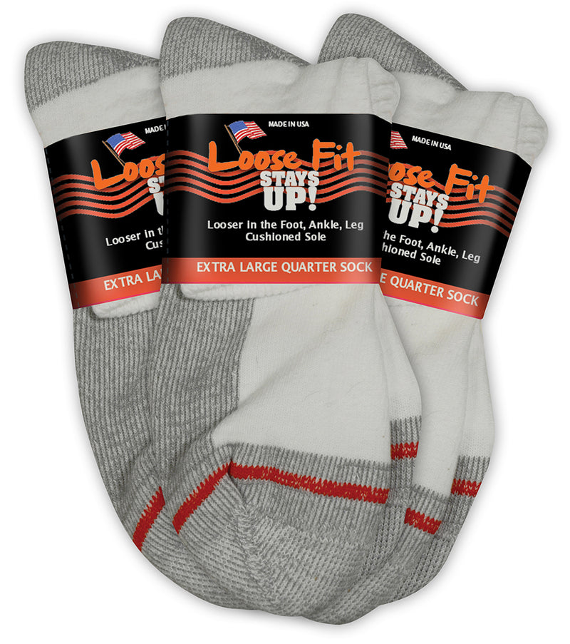 Loose Fit Stays Up! White Quarter Socks to EEEEE - 3pack