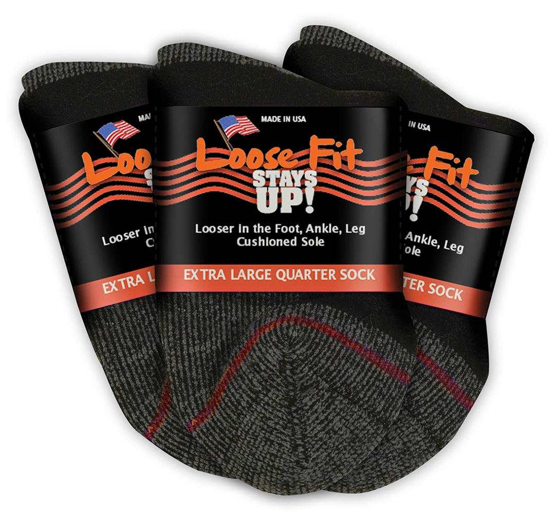 Loose Fit Stays Up! Black Quarter Socks to EEEEE - 3pack