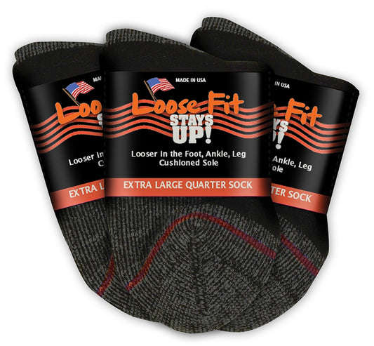 Loose Fit Stays Up! Black Quarter Socks to EEEEE - 3pack