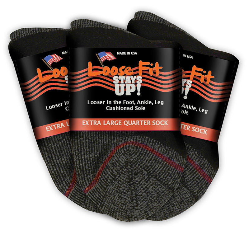 Loose Fit Stays Up! Black Quarter Socks to EEEEE - 3pack
