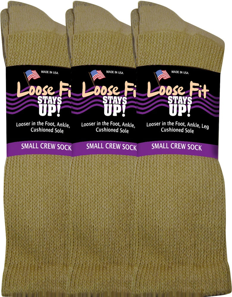 Loose Fit Stays Up! Tan Crew Socks to EEEEE - 3pack