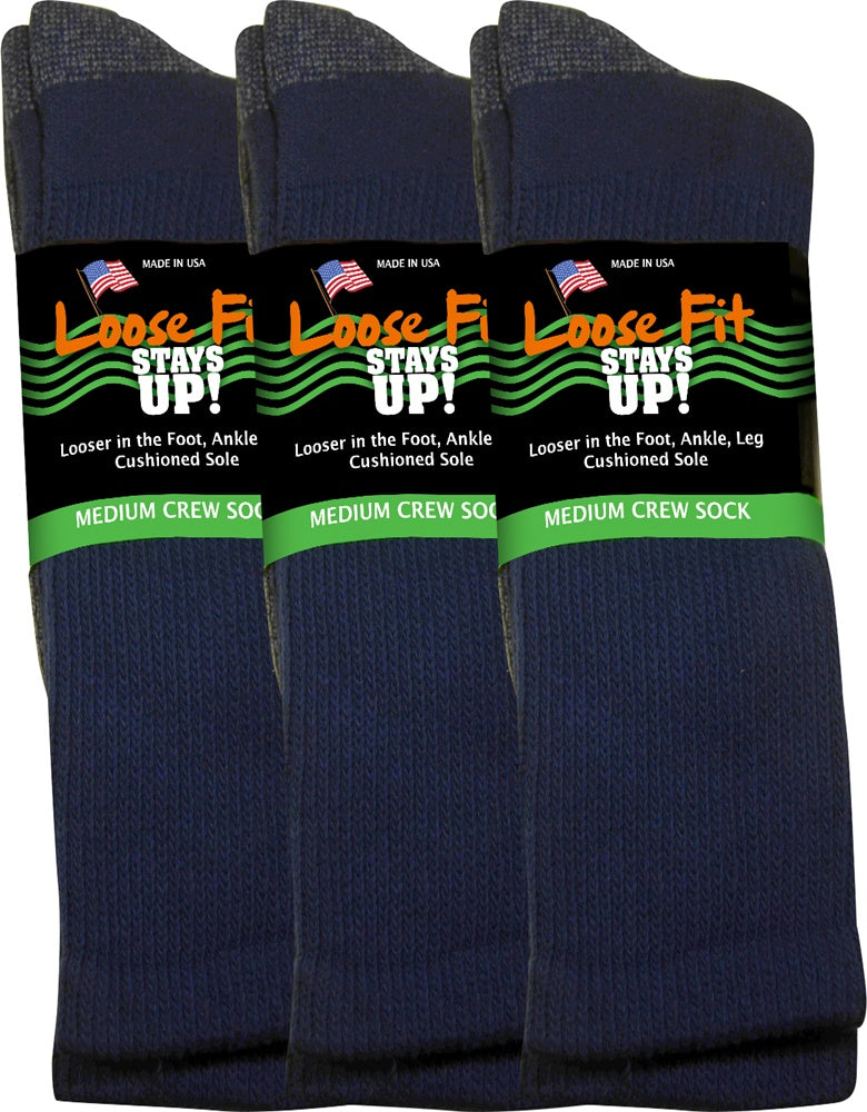 Loose Fit Stays Up! Navy Crew Socks to EEEEE - 3pack