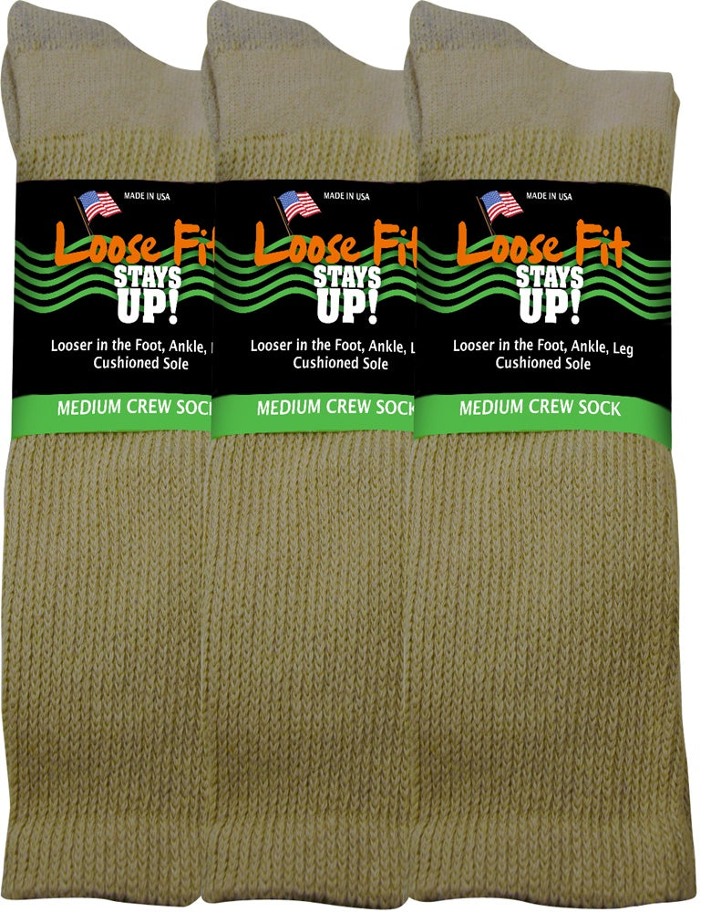 Loose Fit Stays Up! Tan Crew Socks to EEEEE - 3pack