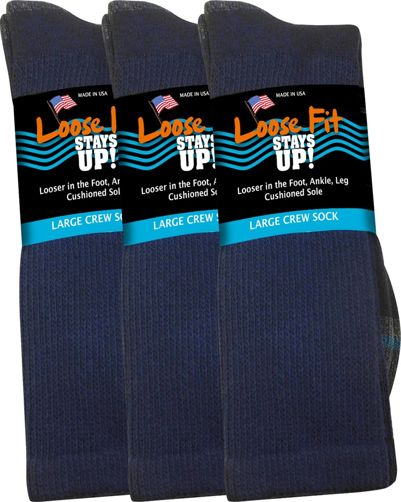Loose Fit Stays Up! Navy Crew Socks to EEEEE - 3pack