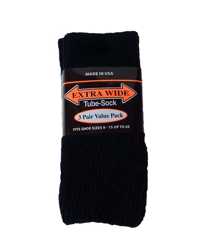 Extra Wide Black Tube Socks to 6E - 3 pack