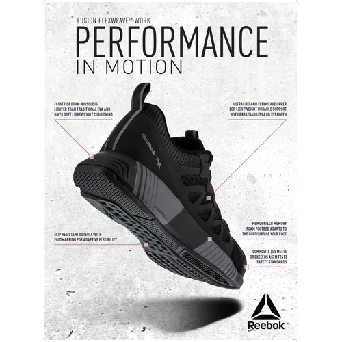 Reebok Fusion Flexweave Composite Toe, EH Work Shoe - Black/Grey in 4E extra wide