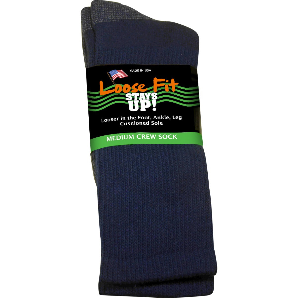 Loose Fit Stays Up! Navy Crew Socks to EEEEE - Single Pair