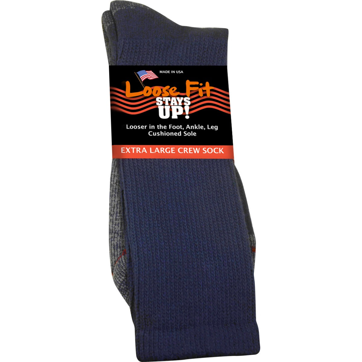 Loose Fit Stays Up! Navy Crew Socks to EEEEE - Single Pair