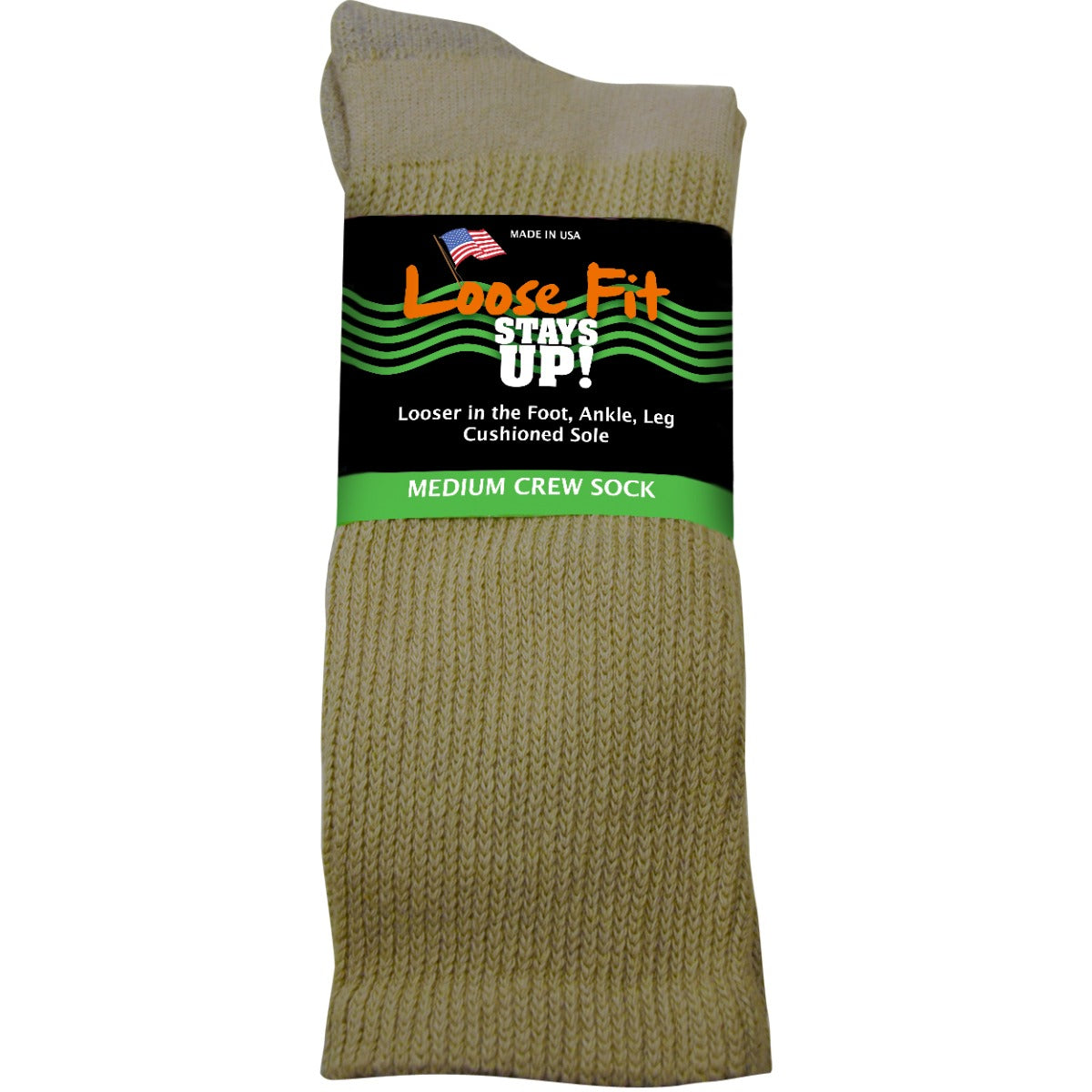 Loose Fit Stays Up! Tan Crew Socks to EEEEE - Single Pair