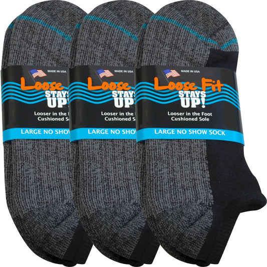 Loose Fit Stays Up! Black No Show Socks - 3pack
