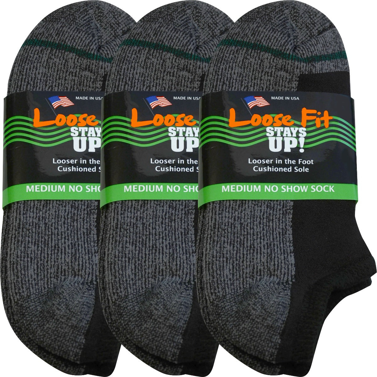 Loose Fit Stays Up! Black No Show Socks - 3pack | XLfeet Loose Fit Stays Up! Black No Show Socks - 3pack | XLfeet