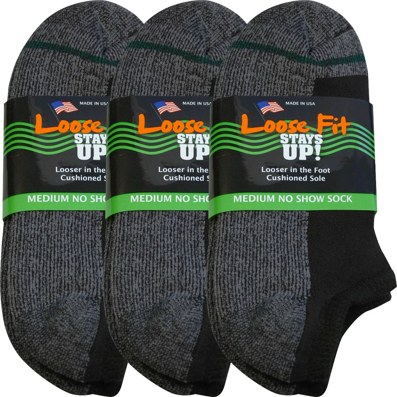 Loose Fit Stays Up! Black No Show Socks - 3pack