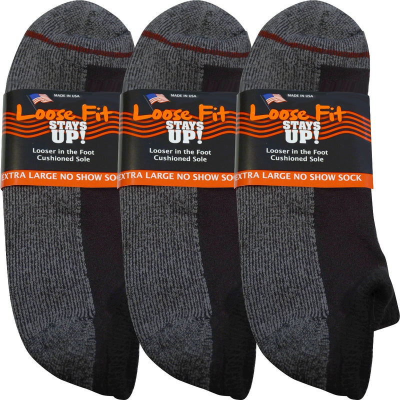 Loose Fit Stays Up! Black No Show Socks - 3pack