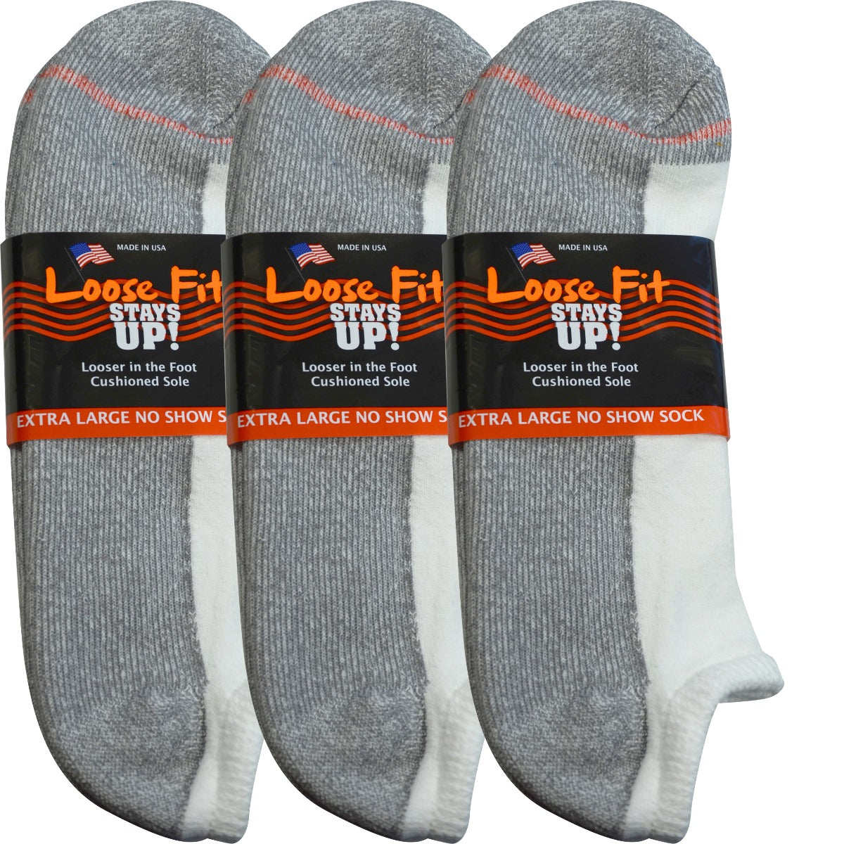 Loose Fit Stays Up! White No Show Socks - 3pack