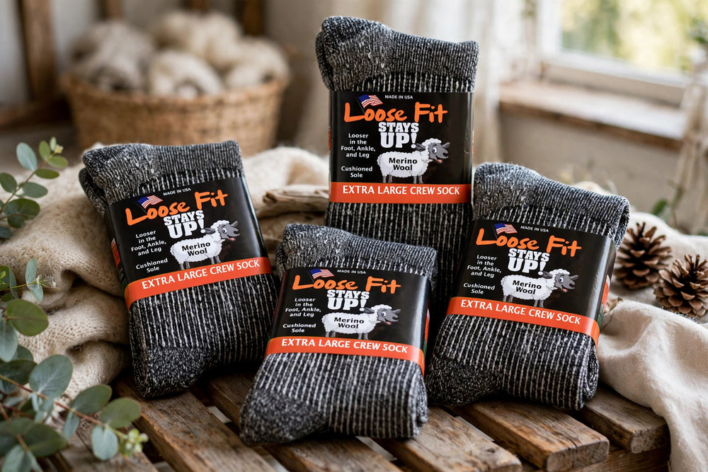 Loose Fit Marled Merino Wool Crew Socks to 5E - Black - 1pr