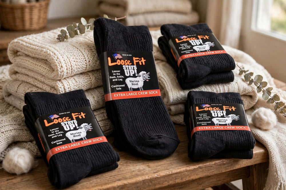Loose Fit Solid Merino Wool Crew Socks to EEEEE - Black - Single Pair