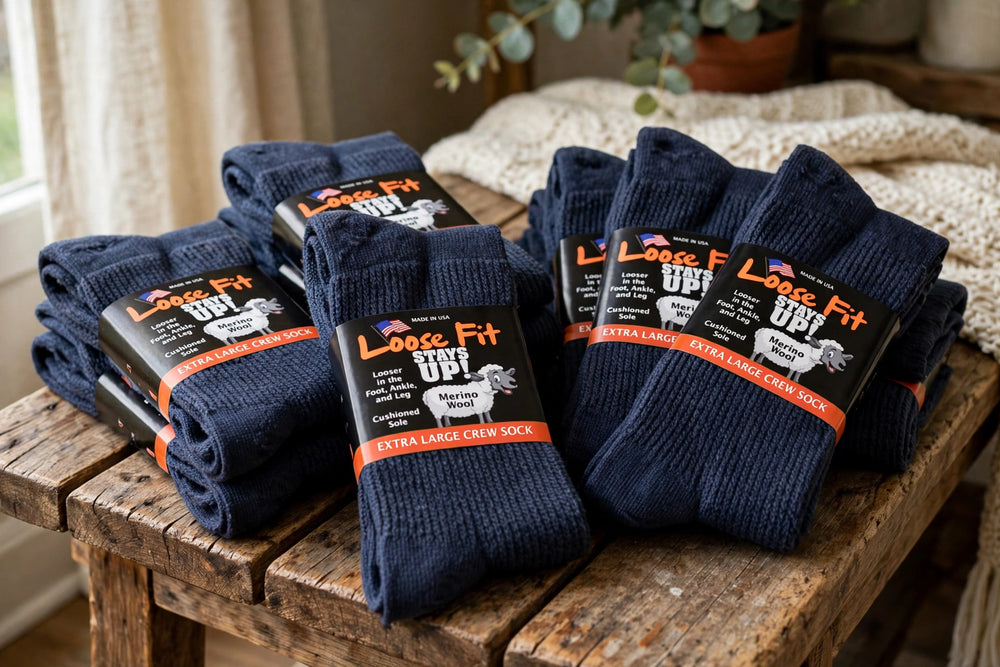 Loose Fit Solid Merino Wool Crew Socks to EEEEE - Navy - Single Pair
